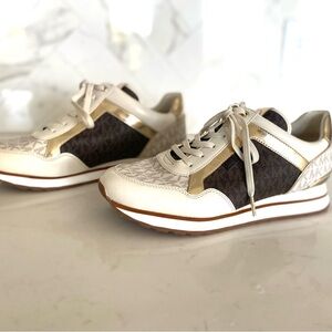 Michael Kors Women's Maddy Two-Tone Gold and Brown Logo Trainers Sz 10